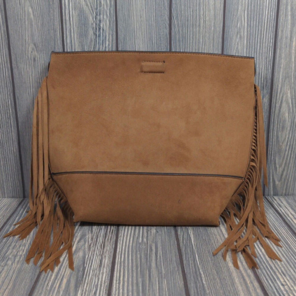 Calvin‎ Klein CK Suede Fringe Crossbody Boho Purse Tote Bag Brown Wallet
